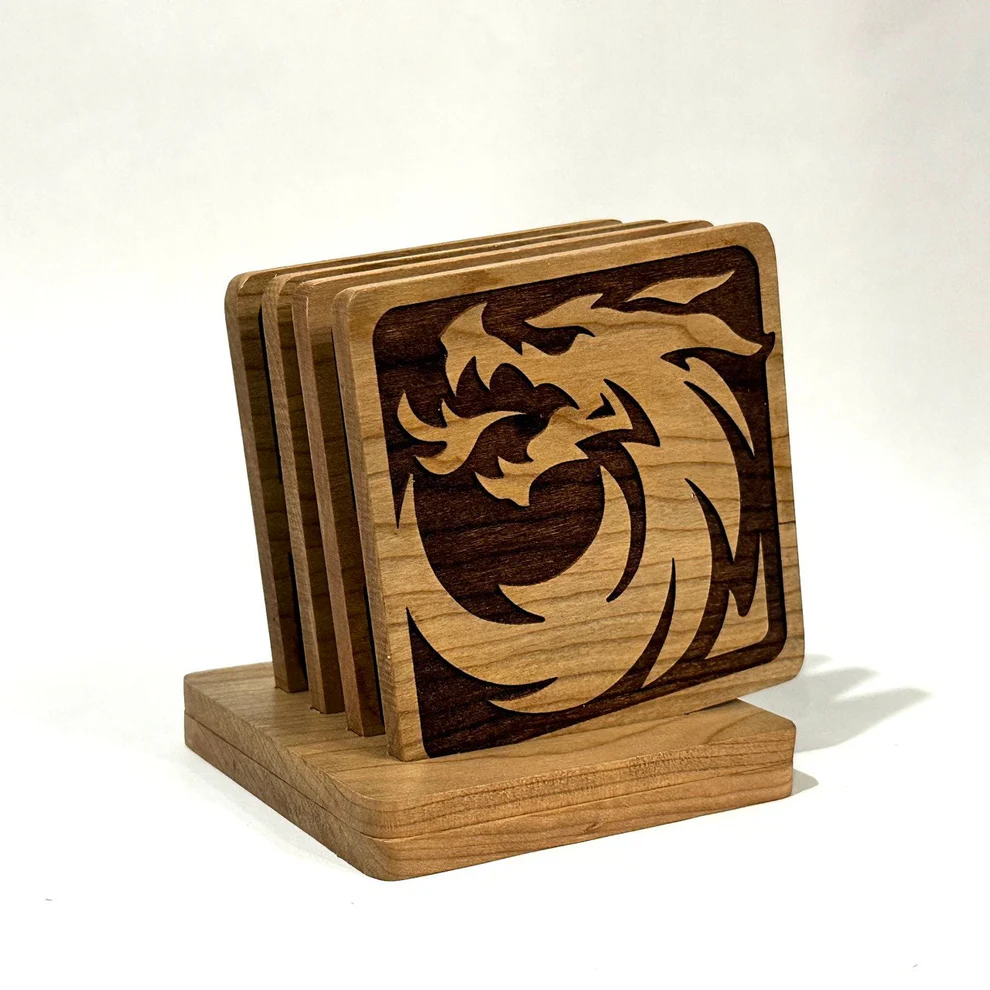 Set of 6 Dragon Coasters Set Square Unique Gifts Wood Coasters Gift Cup Drink Holder Table Top Protection Home Decor